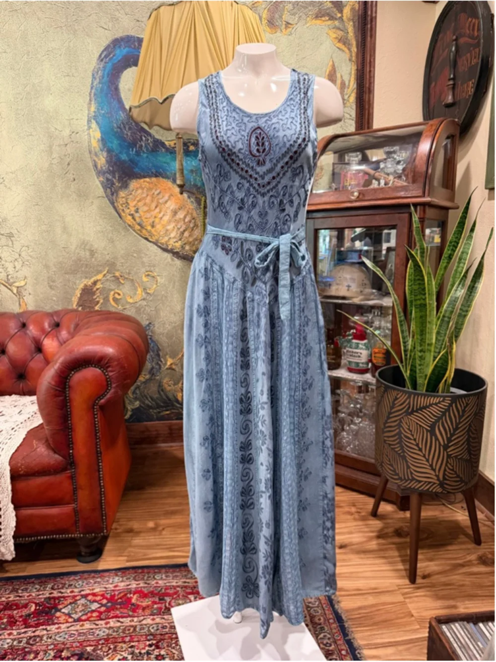 FABULOUS India Rayon Acid Wash Embroidered Maxi Dress Blue Boho Free Size (M)